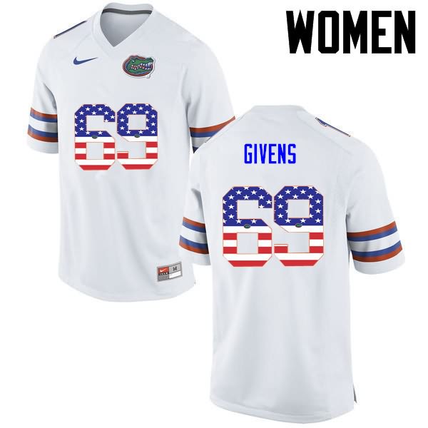 NCAA Florida Gators Marcus Givens Women's #69 USA Flag Fashion Nike White Stitched Authentic College Football Jersey VCL2264HF